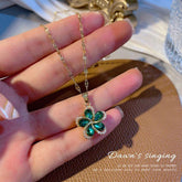 Stainless Steel Green Zircon Flowers Pendant Necklace Charm Jewelry NCJIO30 - Touchy Style .