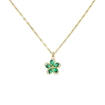 Stainless Steel Green Zircon Flowers Pendant Necklace Charm Jewelry NCJIO30 - Touchy Style