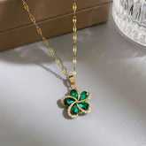 Stainless Steel Green Zircon Flowers Pendant Necklace Charm Jewelry NCJIO30 - Touchy Style