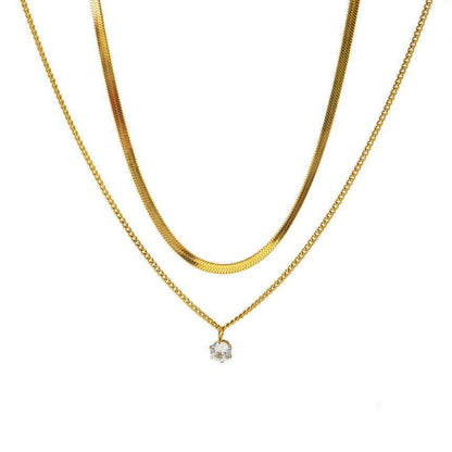 Stainless Steel Multilayer Necklaces Charm Jewelry KKS0312 Zircon Charms Thick Chain - Touchy Style