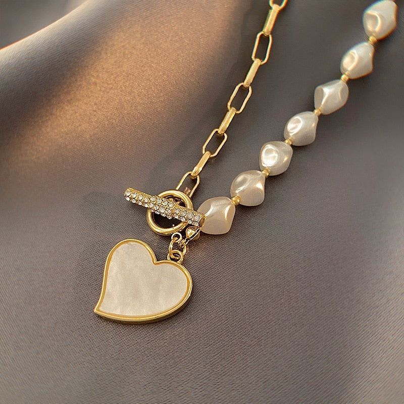 Stainless Steel Necklaces Charm Jewelry NCJSO40 Imitation Baroque Pearl Heart - Touchy Style