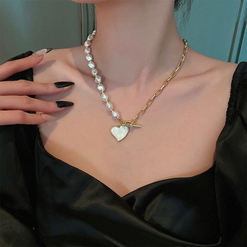 Stainless Steel Necklaces Charm Jewelry NCJSO40 Imitation Baroque Pearl Heart - Touchy Style