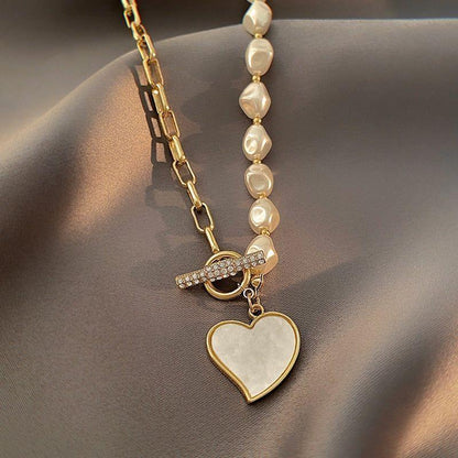 Stainless Steel Necklaces Charm Jewelry NCJSO40 Imitation Baroque Pearl Heart - Touchy Style