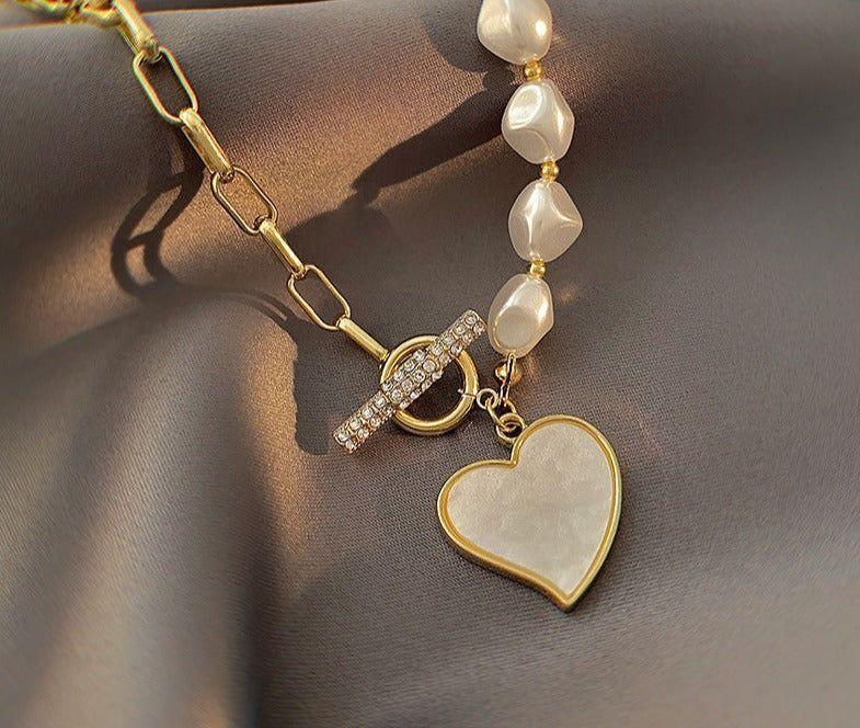 Stainless Steel Necklaces Charm Jewelry NCJSO40 Imitation Baroque Pearl Heart - Touchy Style