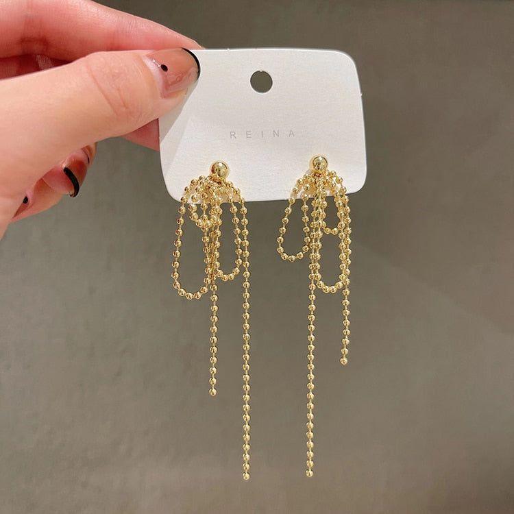 Temperament Gold Colour Long Beaded Drop Earrings ECJCY38 Korean Accessories - Touchy Style