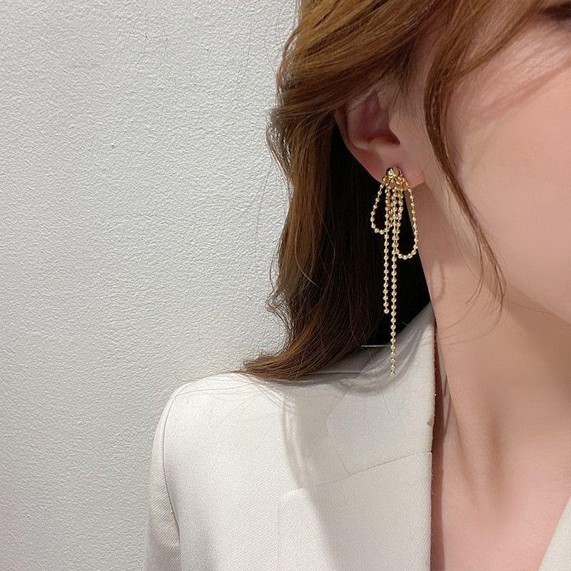 Temperament Gold Colour Long Beaded Drop Earrings ECJCY38 Korean Accessories - Touchy Style