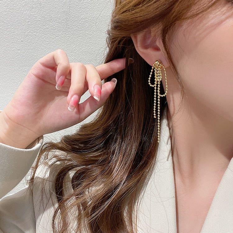 Temperament Gold Colour Long Beaded Drop Earrings ECJCY38 Korean Accessories - Touchy Style