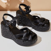 Weave Open Toe Leather Wedges Sandals Women&