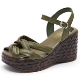 Weave Open Toe Leather Wedges Sandals Women&