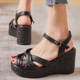 Weave Open Toe Leather Wedges Sandals Women&