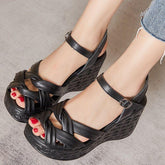 Weave Open Toe Leather Wedges Sandals Women&