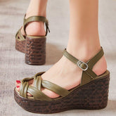 Weave Open Toe Leather Wedges Sandals Women&