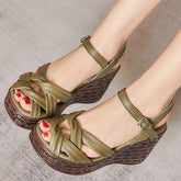 Weave Open Toe Leather Wedges Sandals Women&