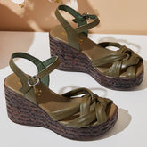 Weave Open Toe Leather Wedges Sandals Women&