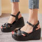 Weave Open Toe Leather Wedges Sandals Women&