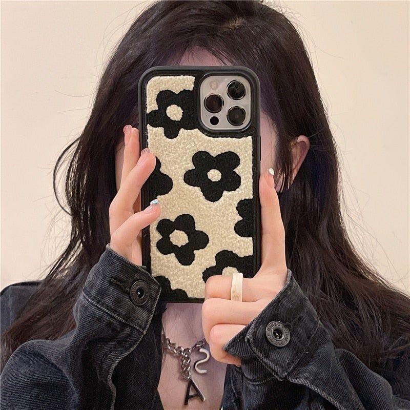 Winter Plush Cute Phone Cases for iPhone 13 Pro 12 11 7 8 X XR XS Max Black Flowers - Touchy Style