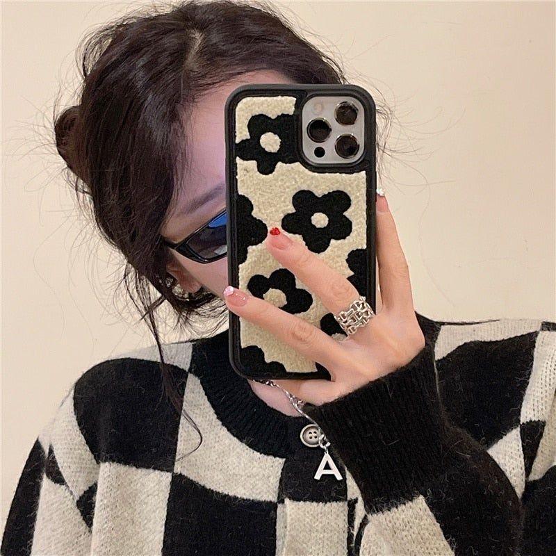 Winter Plush Cute Phone Cases for iPhone 13 Pro 12 11 7 8 X XR XS Max Black Flowers - Touchy Style