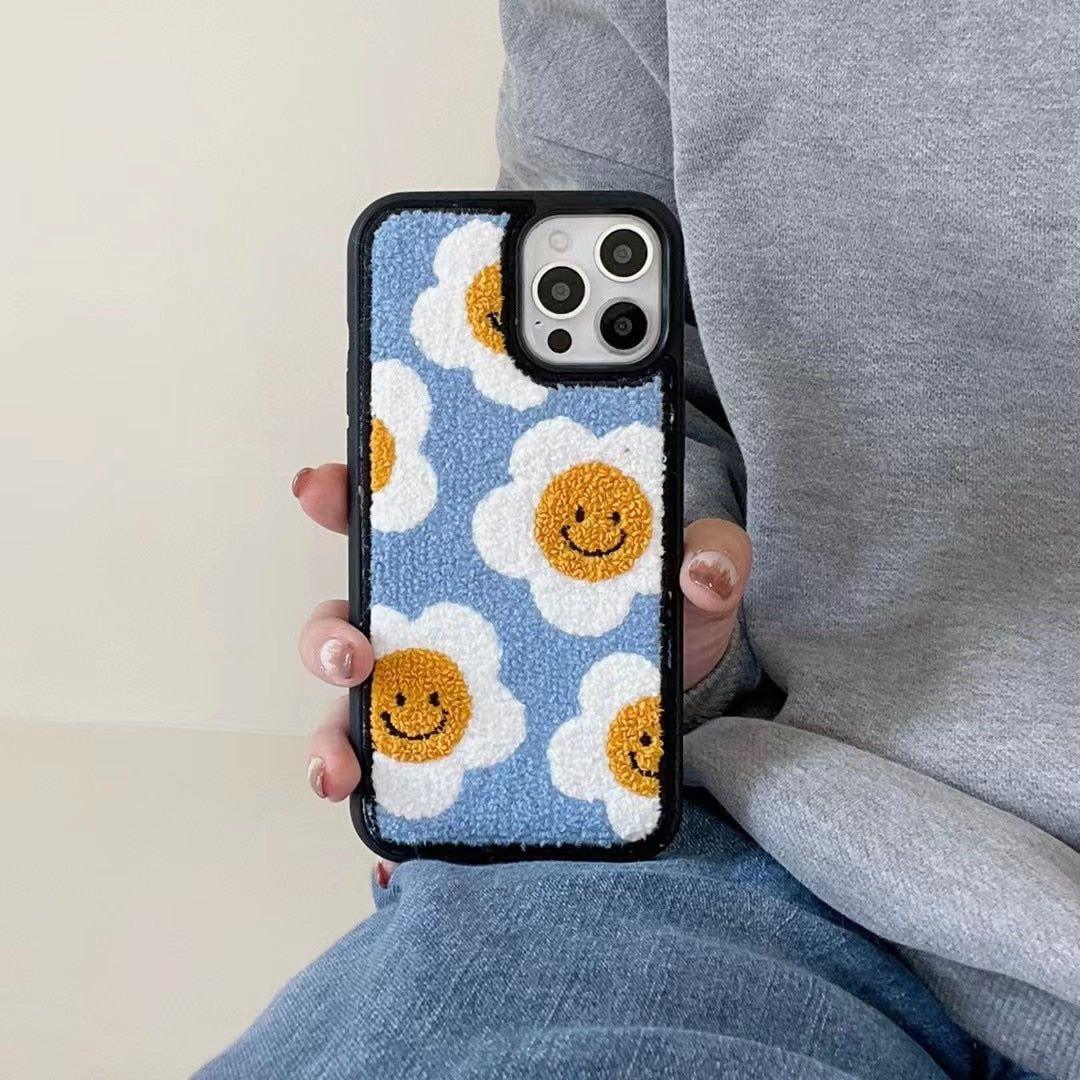 Winter Plush Cute Phone Cases for iPhone 13 Pro 12 11 7 8 X XR XS Max Blue Sun Flower - Touchy Style