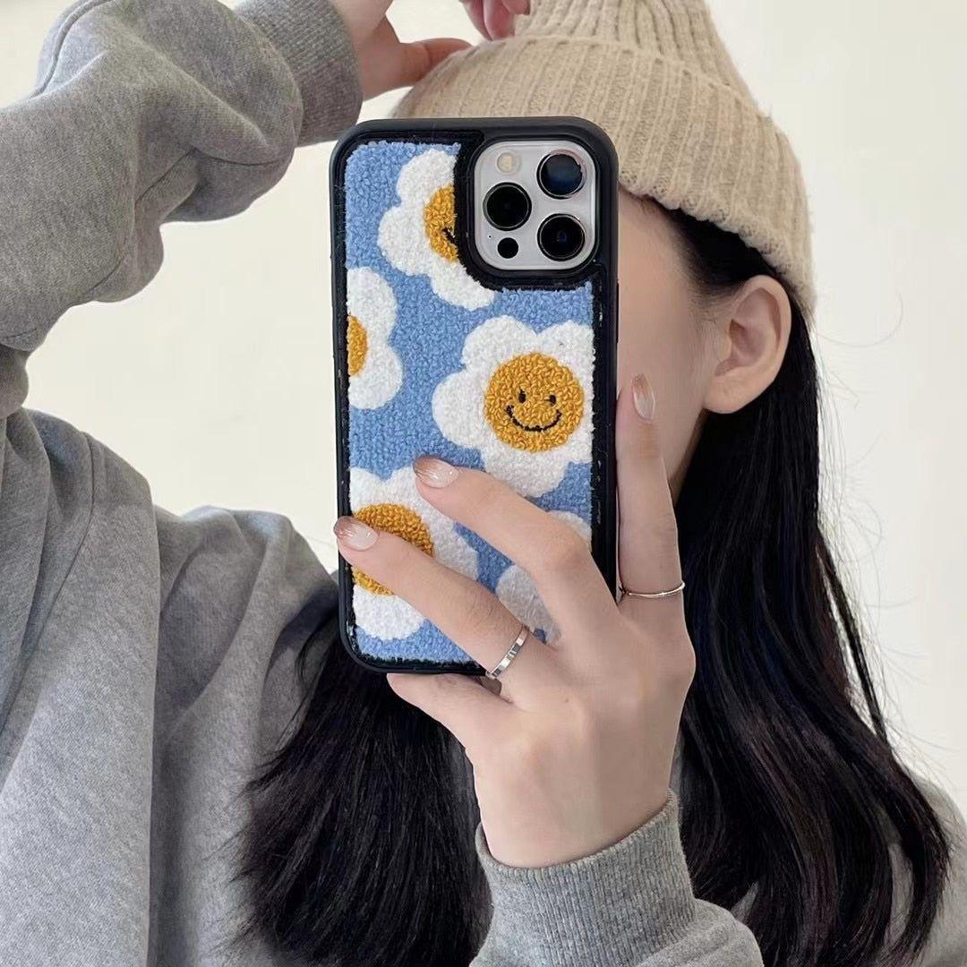 Winter Plush Cute Phone Cases for iPhone 13 Pro 12 11 7 8 X XR XS Max Blue Sun Flower - Touchy Style