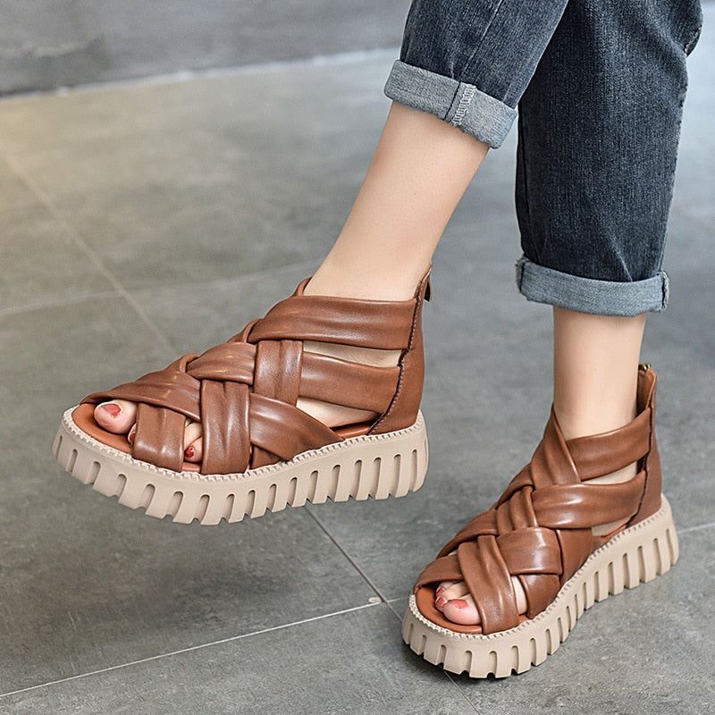 Women Casual Shoes EM721 Gladiator Sandals Boots Leather Wedges Platform - Touchy Style