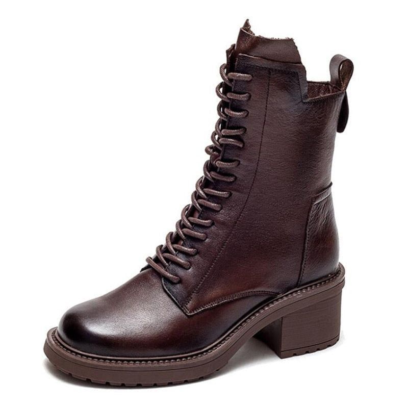Women's Casual Shoes Leather Brown Ankle Boots Wedge Heels