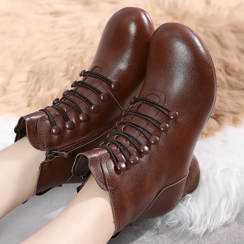 Women's Casual Shoes Vintage Leather Short Heel Ankle Boots 209